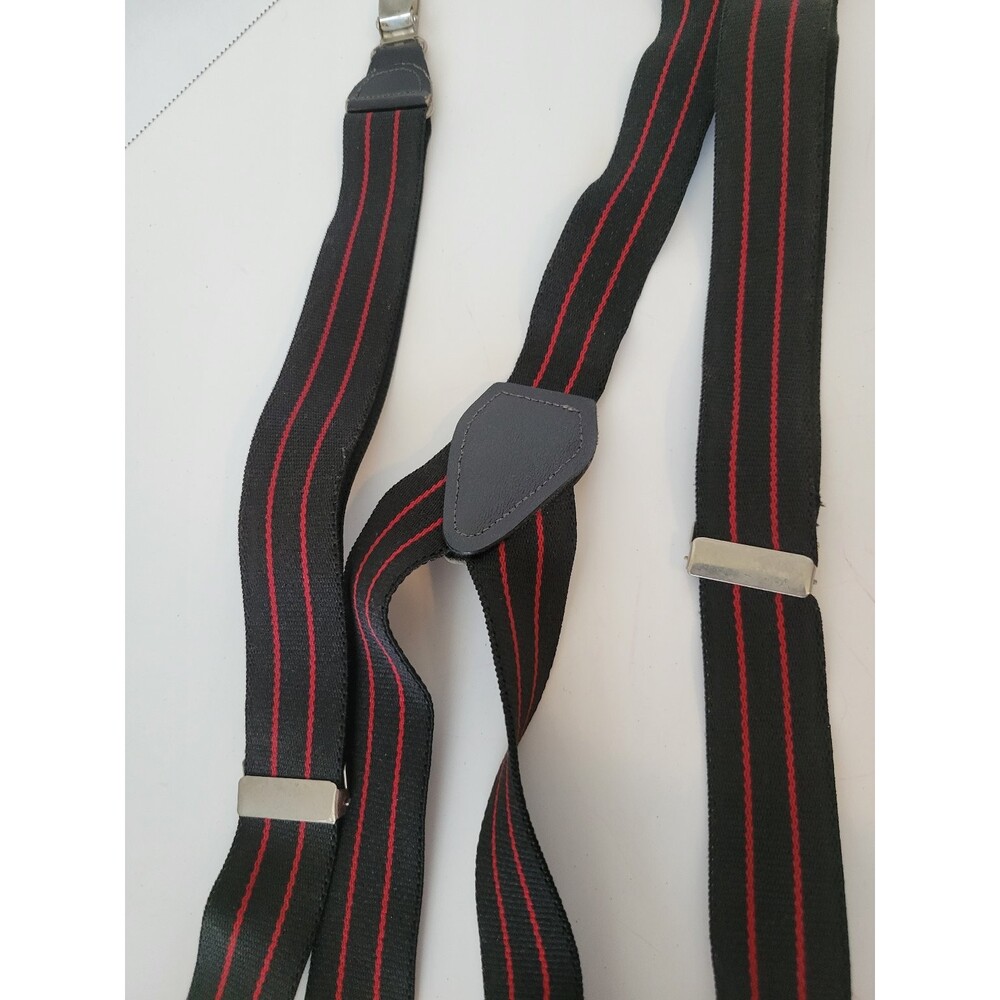 Men's Black Suspenders with Red Stripes Adjustable Clip-On Elastic - Picture 2 of 2